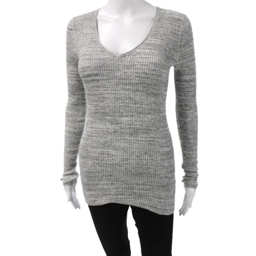 Margaret OLeary Womens Gray Striped V-Neck Cotton Pullover Sweater Size S